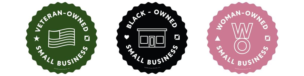 Badges showing that this is a Black-Owned, Female-Owned, and Veteran-Owned Business