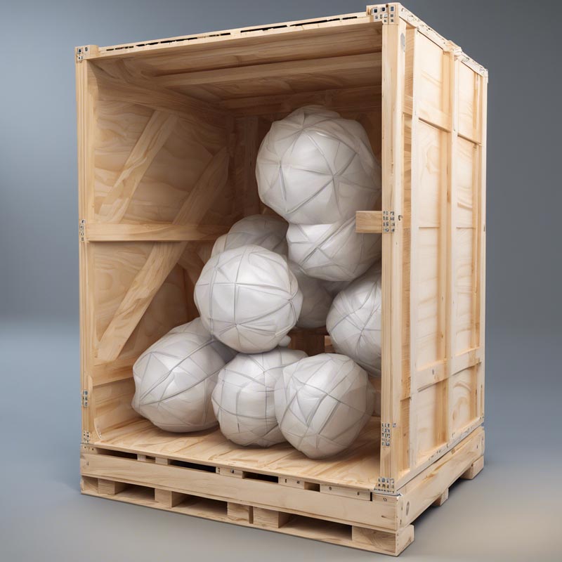 A wooden crate filled with white balls