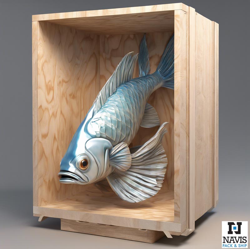 A silver fish in a wooden box